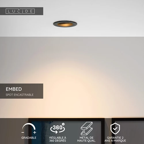 Lucide EMBED - Spot encastrable - Ø 9,1 cm - 1xGU10 - Noir - USP